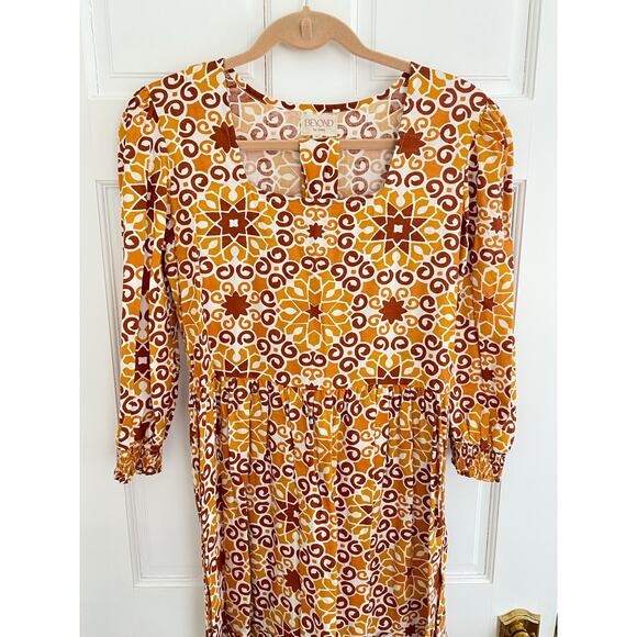 Beyond by Vera Rust Pietra Dura Block Print Midi Cotton Fall Tie Waist Dress - Picture 7 of 12